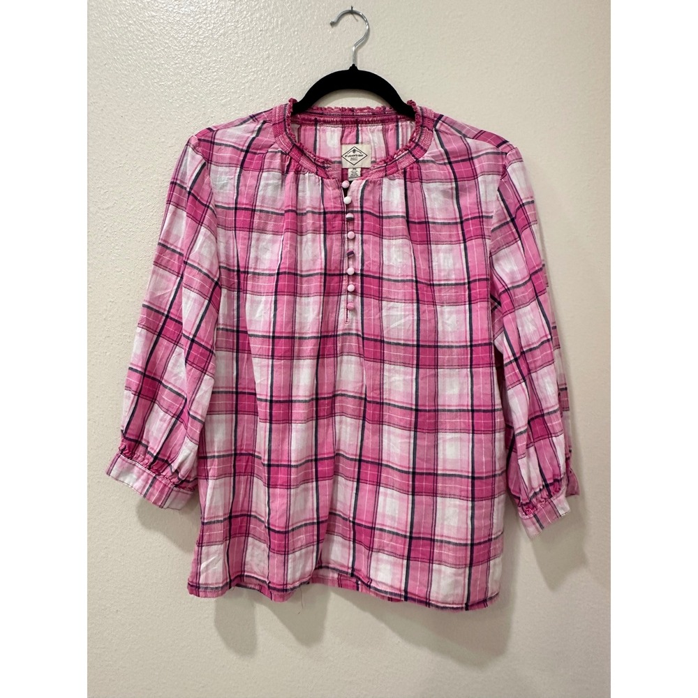 St Johns Bay Womens Pink Plaid Henley Blouse Ruffle Neck 3/4 Sleeve Size PS